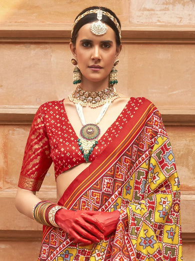 Attractive Mustard Yellow Patola Printed Silk Saree With Blouse